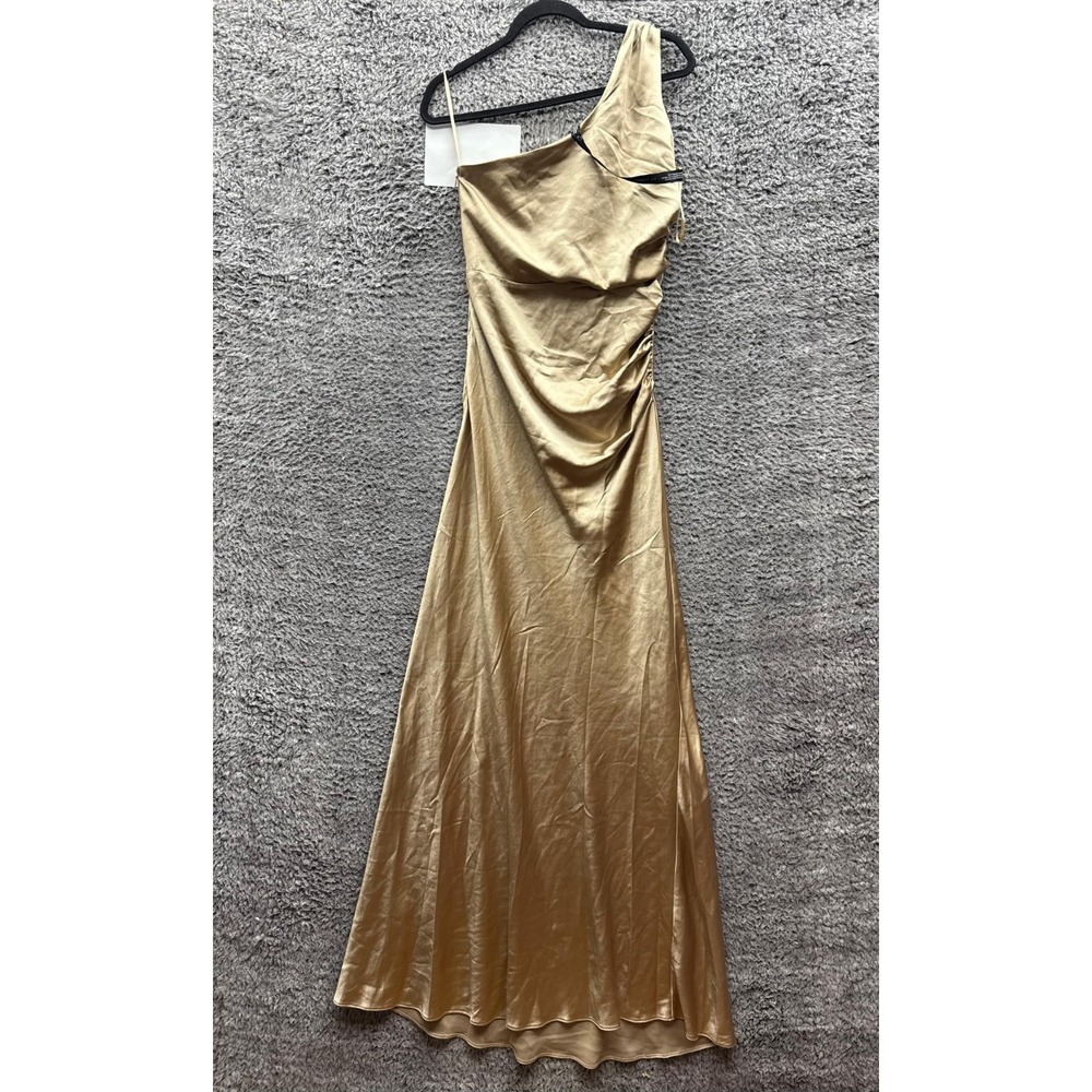 NWT Six Stories Asymmetrical Bardot Strap‎ Maxi Dress Gold Womens Size 6 US